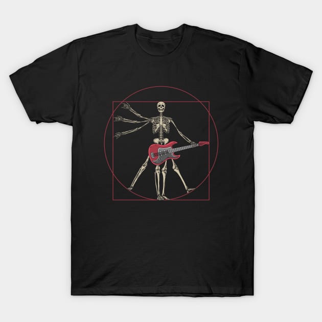 Vitruvian Skeleton Da Vinci Playing Electric Guitar Design T-Shirt by Arteestic